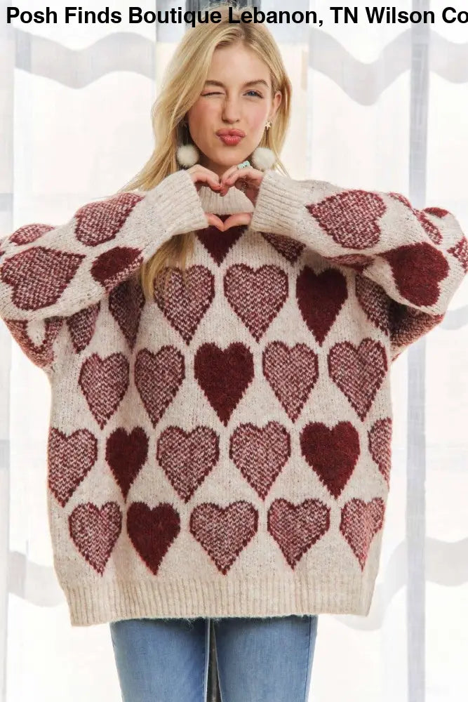 Mock Neck Heart Print Pullover Sweater - Posh Finds