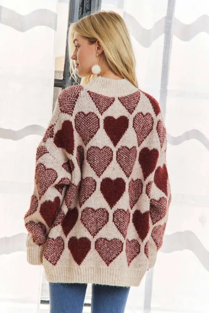 Mock Neck Heart Print Pullover Sweater - Posh Finds
