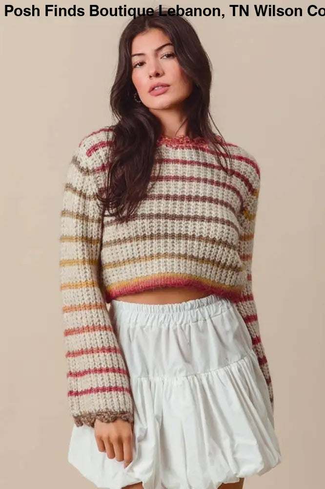Multi Color Gradation Stripe Crop Sweater: OATMEAL/RUST - Posh Finds