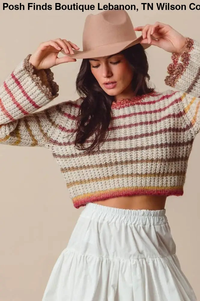 Multi Color Gradation Stripe Crop Sweater: OATMEAL/RUST - Posh Finds