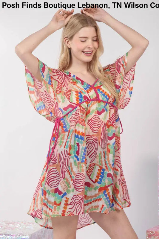 ND31235-Multi Color Printed Coverup Mini Dress: BLUSH / S-M-L/2-2-2