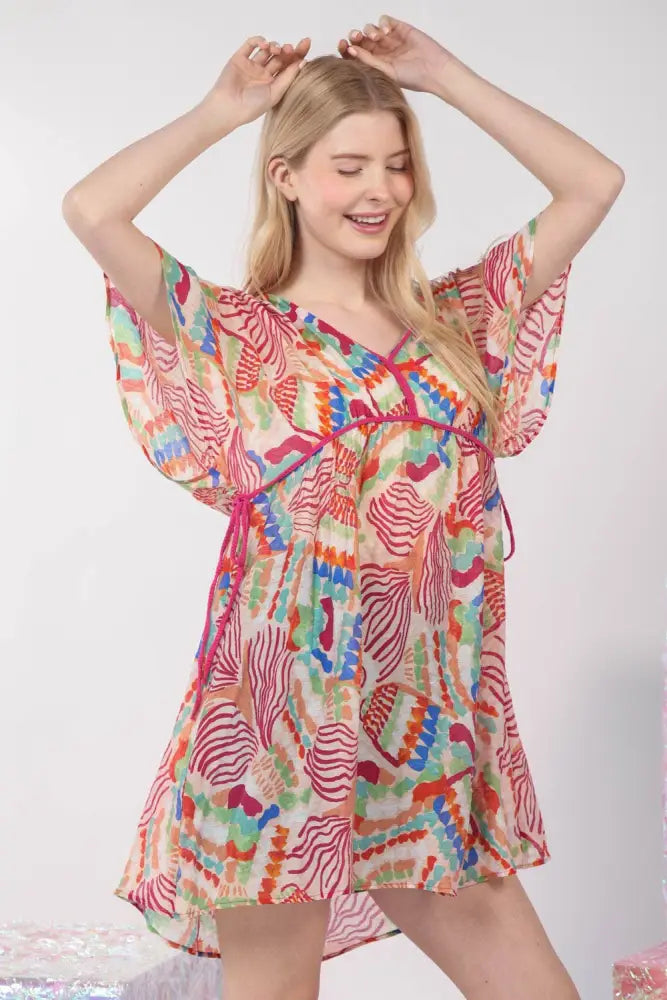 ND31235-Multi Color Printed Coverup Mini Dress: BLUSH / S-M-L/2-2-2