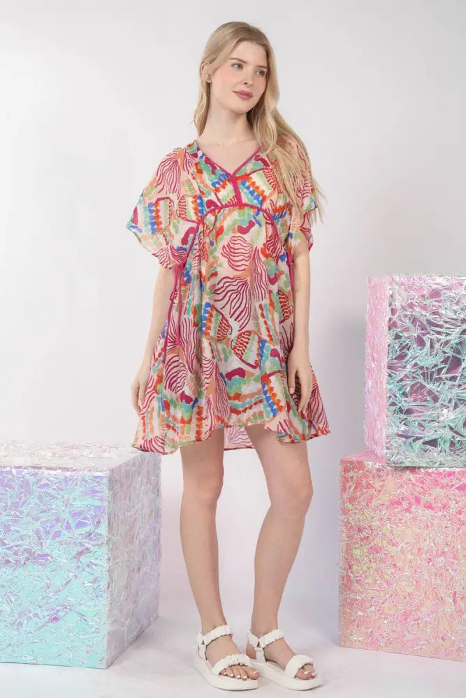 ND31235-Multi Color Printed Coverup Mini Dress: BLUSH / S-M-L/2-2-2