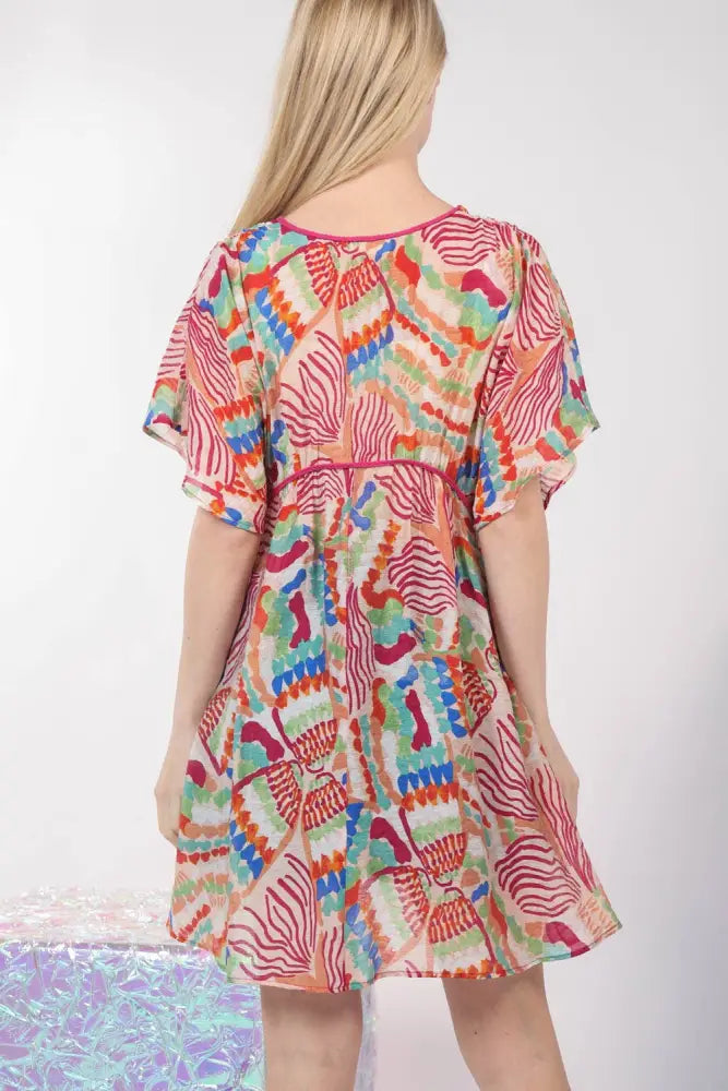 ND31235-Multi Color Printed Coverup Mini Dress: BLUSH / S-M-L/2-2-2