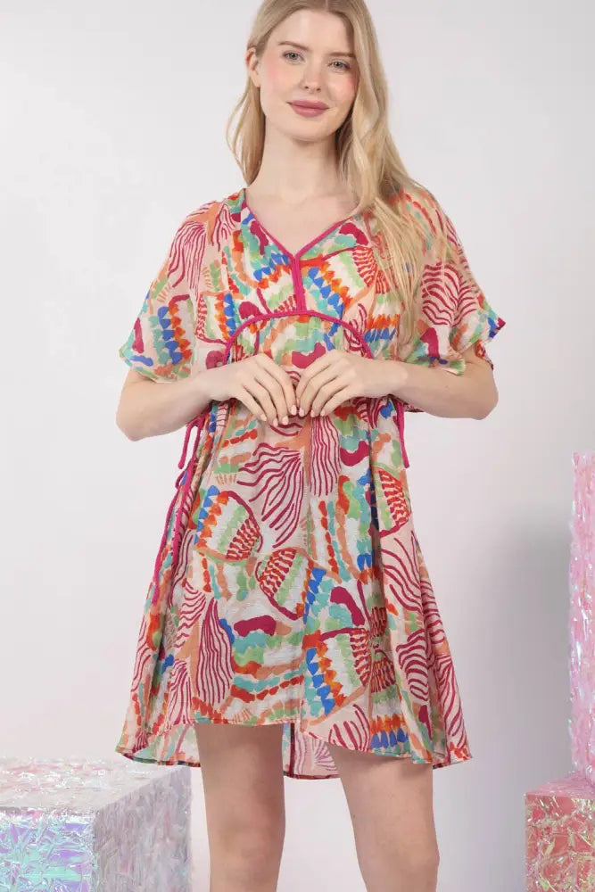 ND31235-Multi Color Printed Coverup Mini Dress: BLUSH / S-M-L/2-2-2