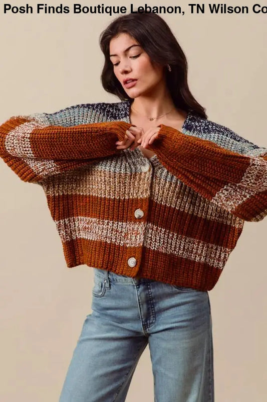 Multi Color Stripe Sweater Cardigan: NAVY/RUST - Posh Finds