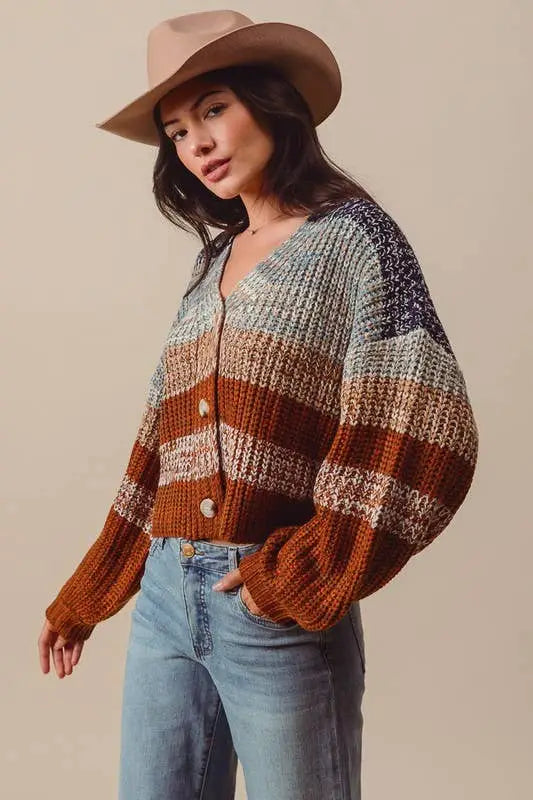 Multi Color Stripe Sweater Cardigan: NAVY/RUST - Posh Finds