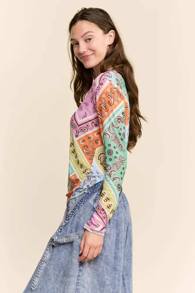 MULTI PATTERN LONG SLEEVE MESH TOP: MULTICOLOR PAISLEY - Posh Finds