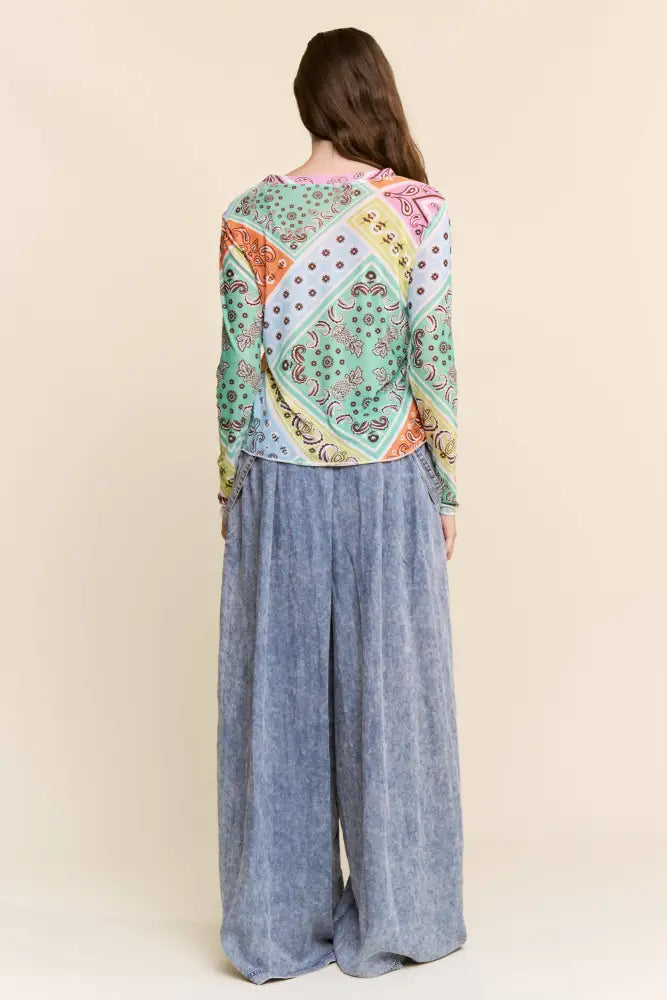 MULTI PATTERN LONG SLEEVE MESH TOP: MULTICOLOR PAISLEY - Posh Finds