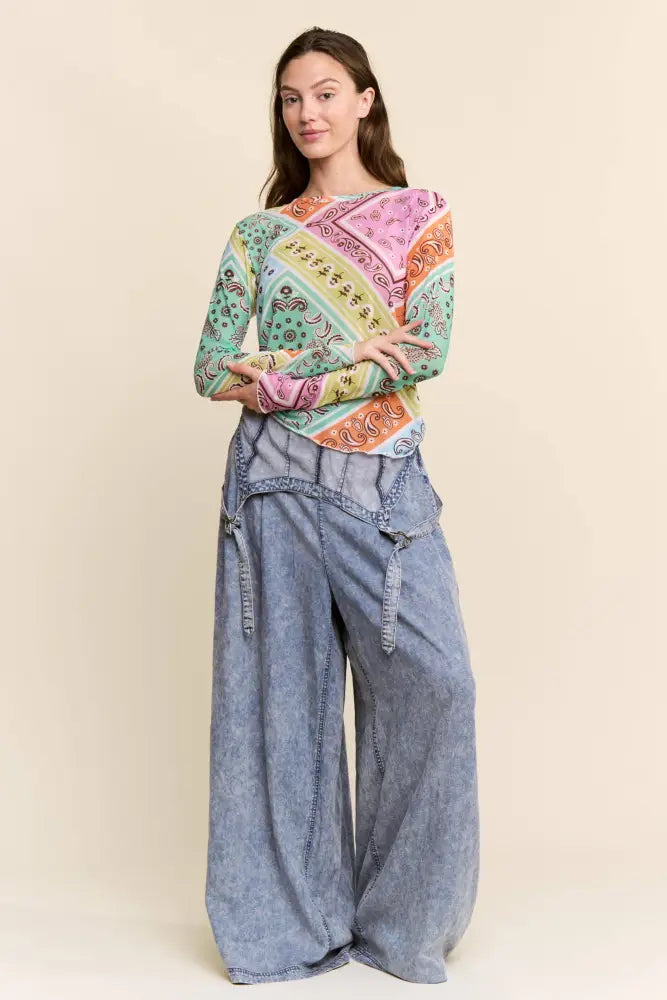 MULTI PATTERN LONG SLEEVE MESH TOP: MULTICOLOR PAISLEY - Posh Finds