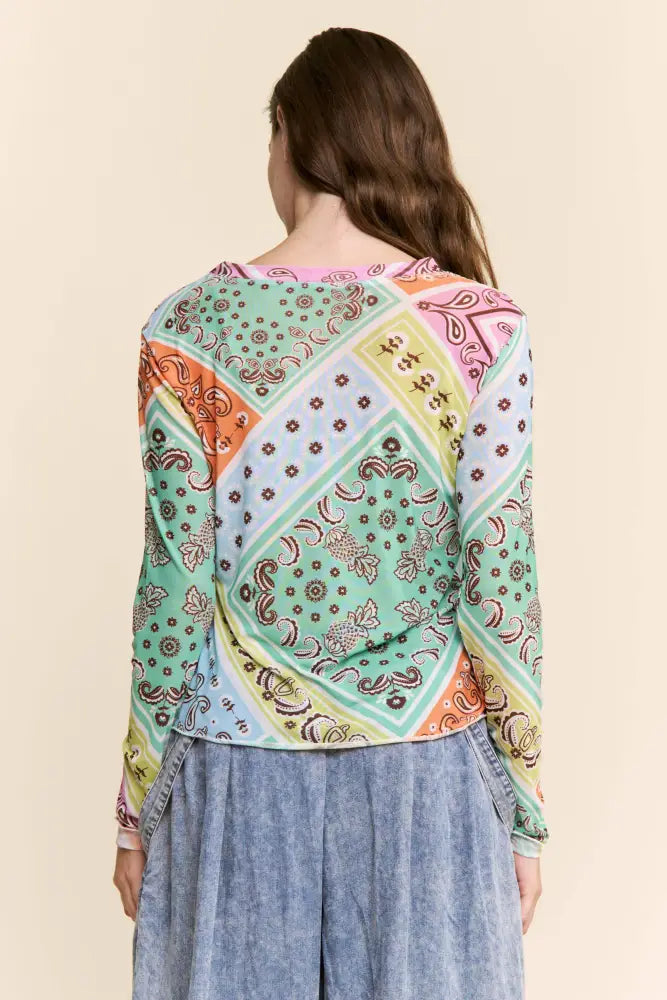 MULTI PATTERN LONG SLEEVE MESH TOP: MULTICOLOR PAISLEY - Posh Finds