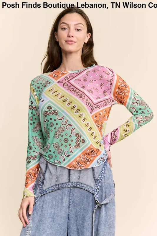MULTI PATTERN LONG SLEEVE MESH TOP: MULTICOLOR PAISLEY - Posh Finds