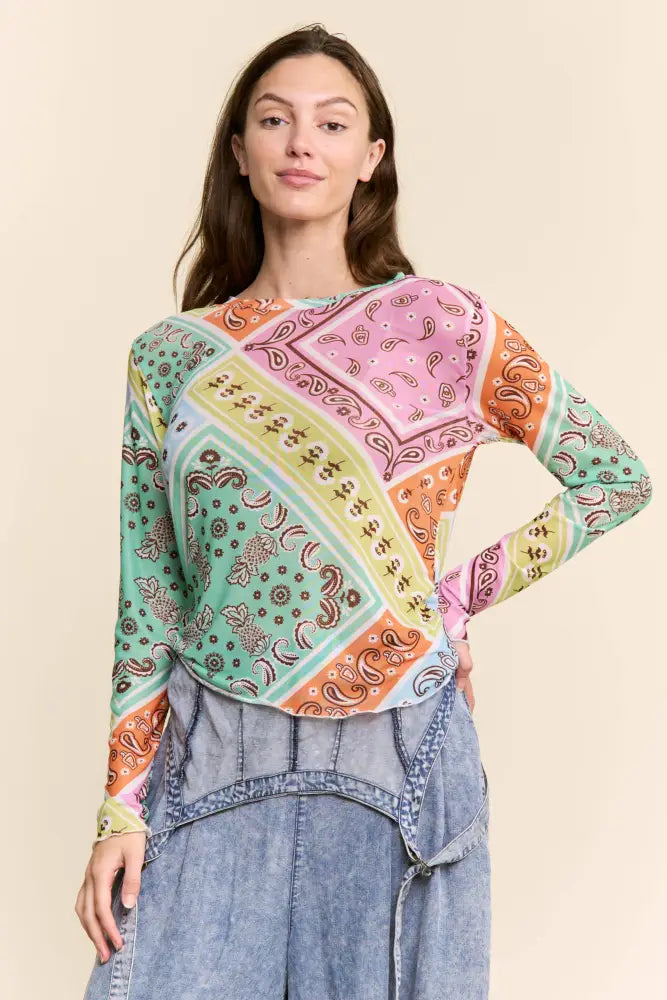 MULTI PATTERN LONG SLEEVE MESH TOP: MULTICOLOR PAISLEY - Posh Finds