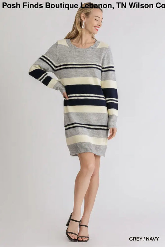 Multi Stripe Long Sleeve Knit Sweater Dress Gray - Posh Finds