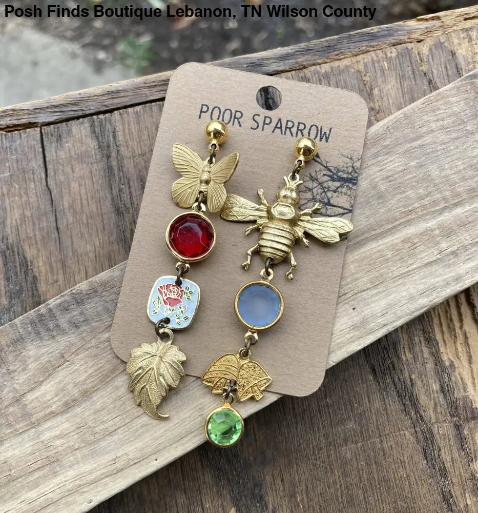 Nature Study Brass & Crystal Charm Earrings - Posh Finds