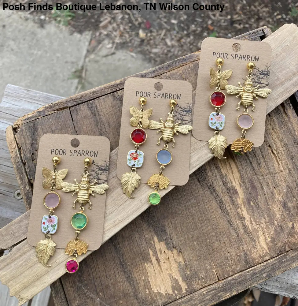 Nature Study Brass & Crystal Charm Earrings - Posh Finds