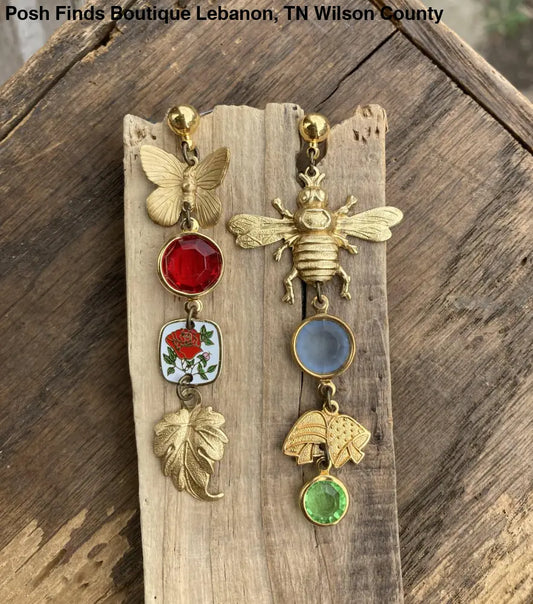 Nature Study Brass & Crystal Charm Earrings - Posh Finds