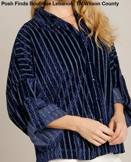 Navy Velvet Shimmer Blouse - Posh Finds