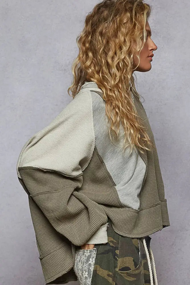 Notched Neck Contrast Fabric Basic Long Sleeve Top GREY - Posh Finds