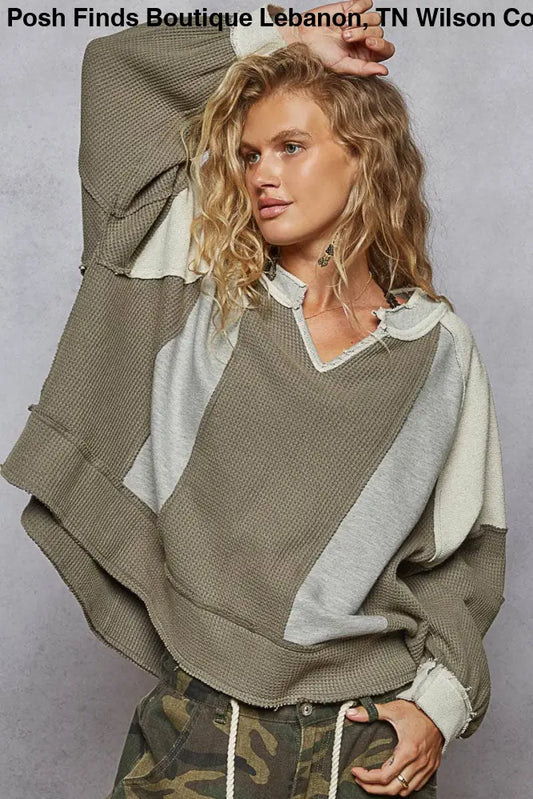 Notched Neck Contrast Fabric Basic Long Sleeve Top GREY - Posh Finds