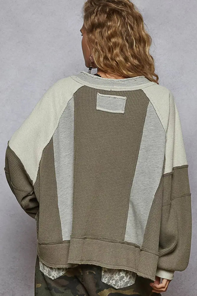 Notched Neck Contrast Fabric Basic Long Sleeve Top GREY - Posh Finds