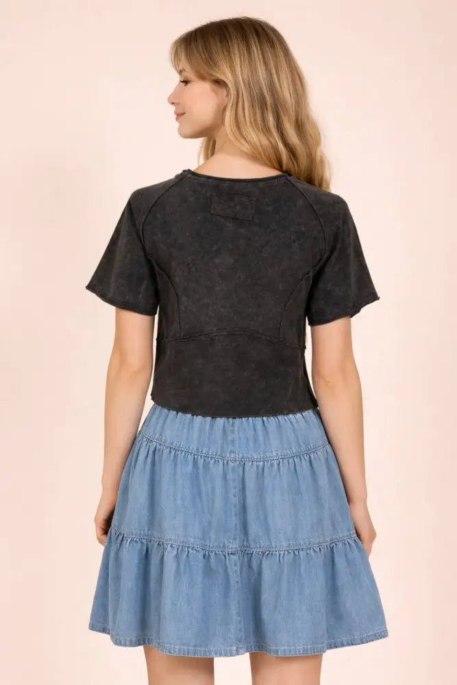 NT12507-Mineral Washed Knit Fitted Casual Crop Top: H GRAY / S-M-L/2-2-2