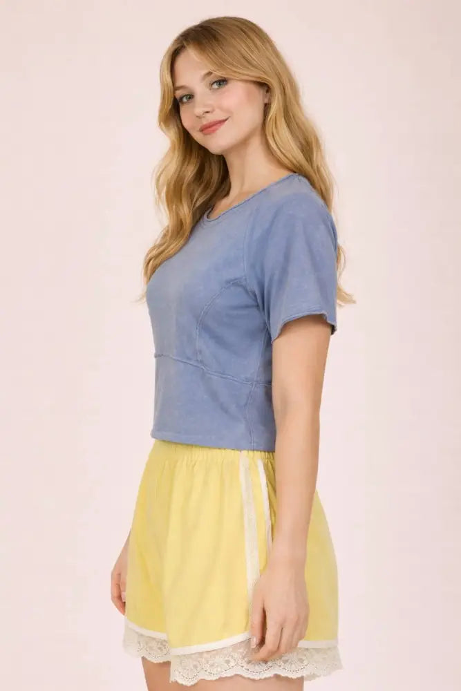 NT12507-Mineral Washed Knit Fitted Casual Crop Top: H GRAY / S-M-L/2-2-2