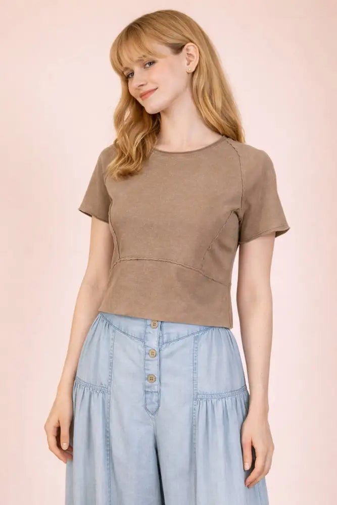 NT12507-Mineral Washed Knit Fitted Casual Crop Top: H GRAY / S-M-L/2-2-2