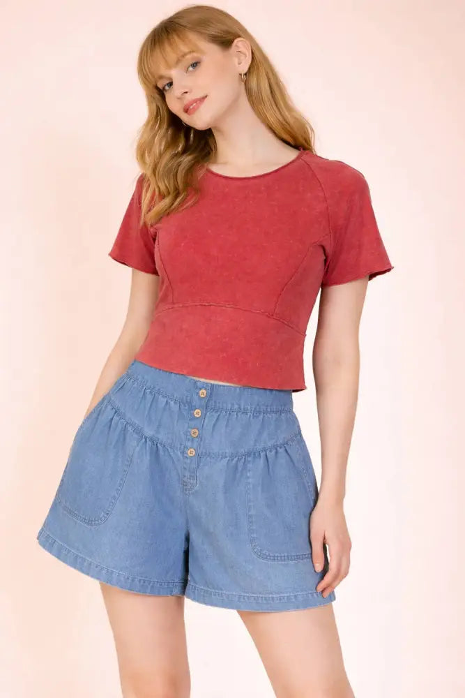 NT12507-Mineral Washed Knit Fitted Casual Crop Top: H GRAY / S-M-L/2-2-2