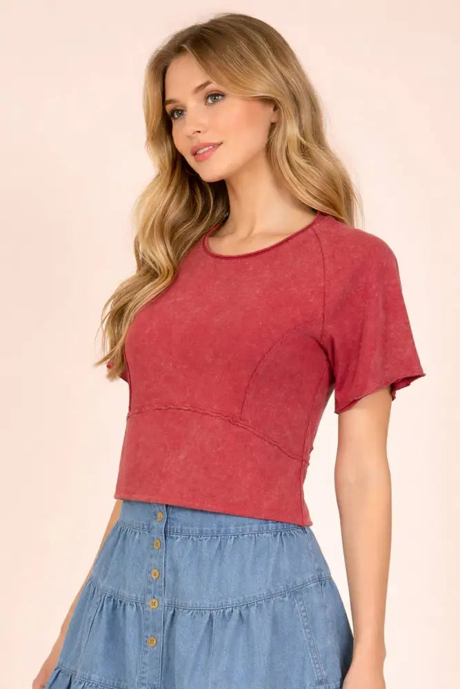 NT12507-Mineral Washed Knit Fitted Casual Crop Top: H GRAY / S-M-L/2-2-2