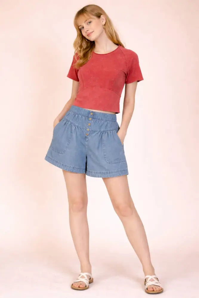 NT12507-Mineral Washed Knit Fitted Casual Crop Top: MOCHA / S-M-L/2-2-2