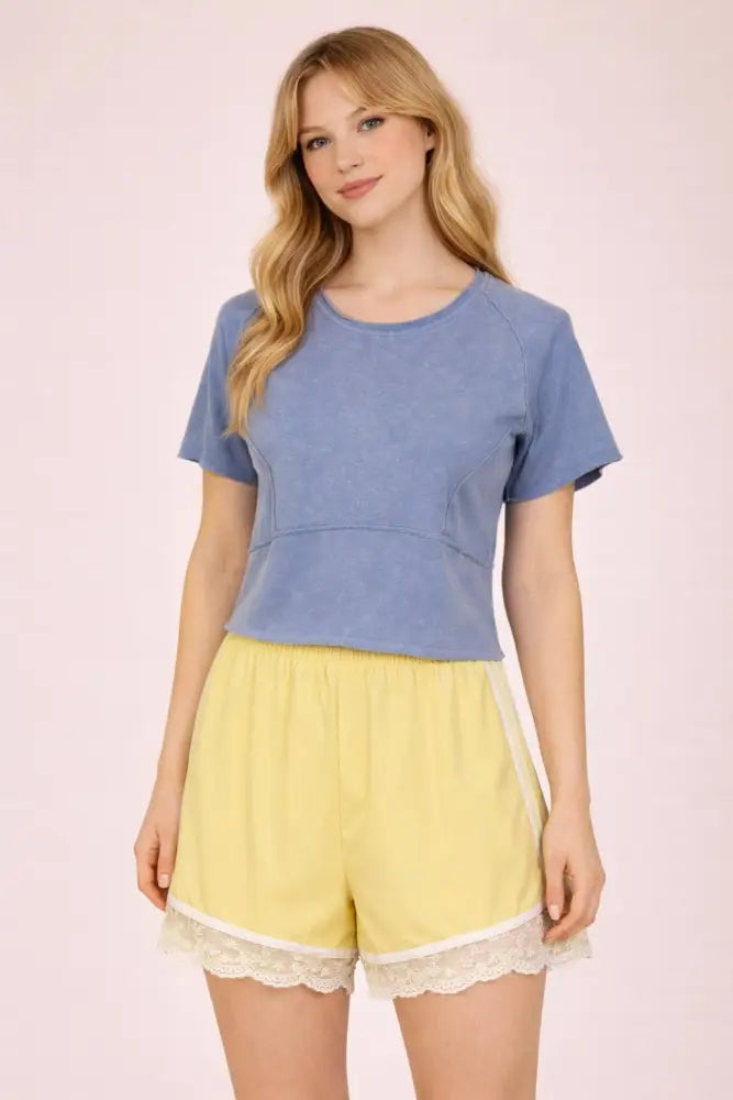 NT12507-Mineral Washed Knit Fitted Casual Crop Top: MOCHA / S-M-L/2-2-2
