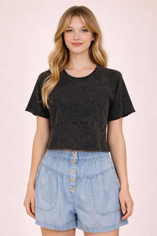 NT12507-Mineral Washed Knit Fitted Casual Crop Top: MOCHA / S-M-L/2-2-2