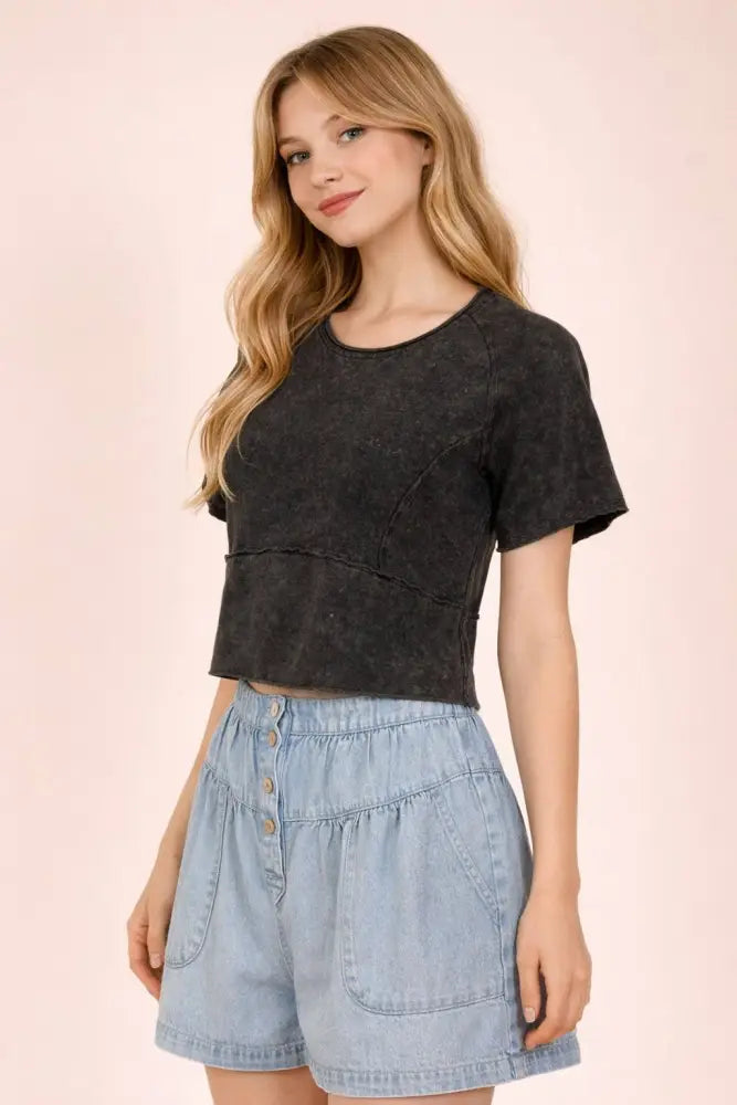 NT12507-Mineral Washed Knit Fitted Casual Crop Top: MOCHA / S-M-L/2-2-2