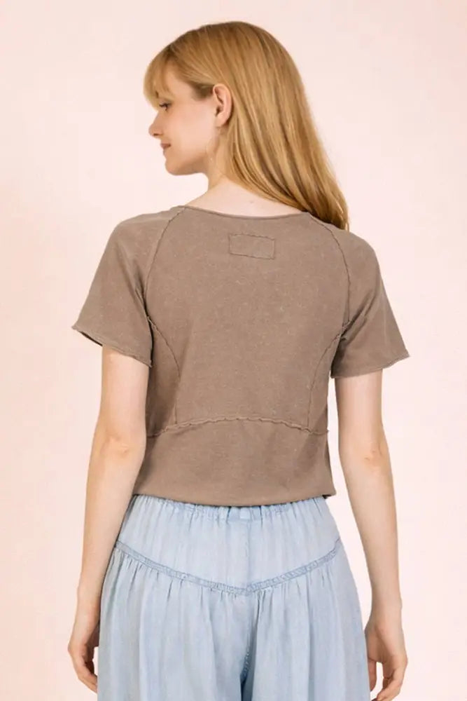 NT12507-Mineral Washed Knit Fitted Casual Crop Top: MOCHA / S-M-L/2-2-2