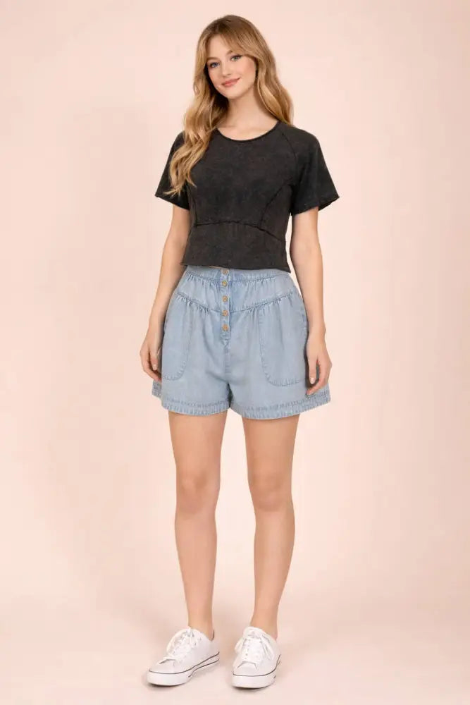 NT12507-Mineral Washed Knit Fitted Casual Crop Top: MOCHA / S-M-L/2-2-2
