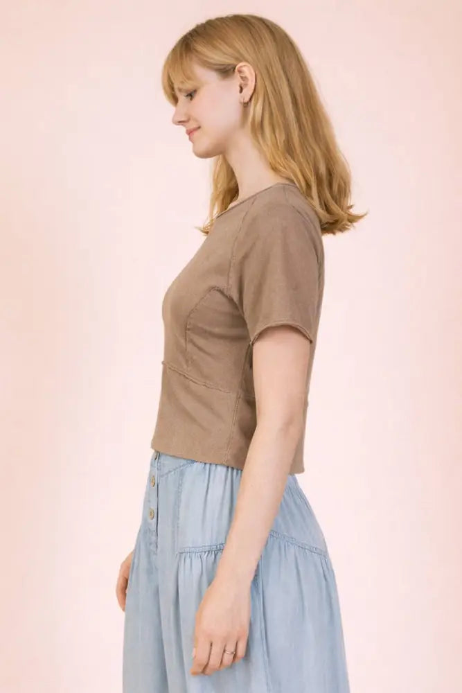 NT12507-Mineral Washed Knit Fitted Casual Crop Top: MOCHA / S-M-L/2-2-2