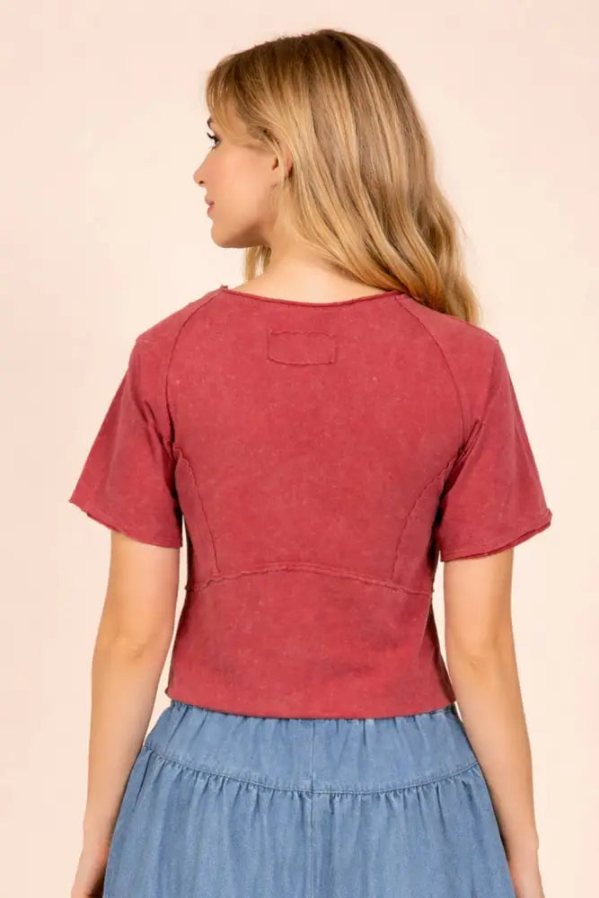 NT12507-Mineral Washed Knit Fitted Casual Crop Top: MOCHA / S-M-L/2-2-2