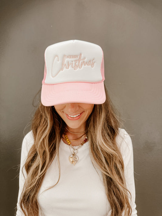 Merry Christmas Trucker Hat Embroidered in Pink