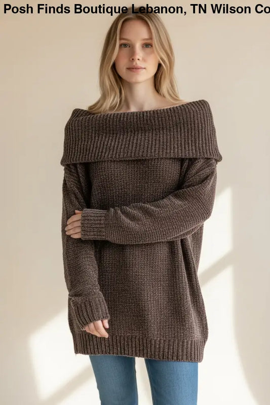 Off Shoulder Chenille Sweater Brown - Posh Finds