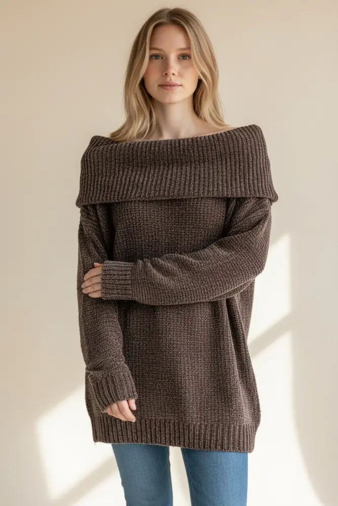 Off Shoulder Chenille Sweater Brown - Posh Finds