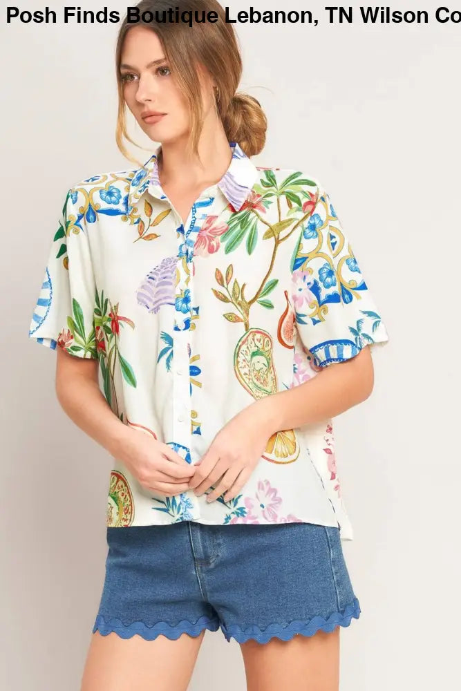 Off White Printed Woven Button Top - Top