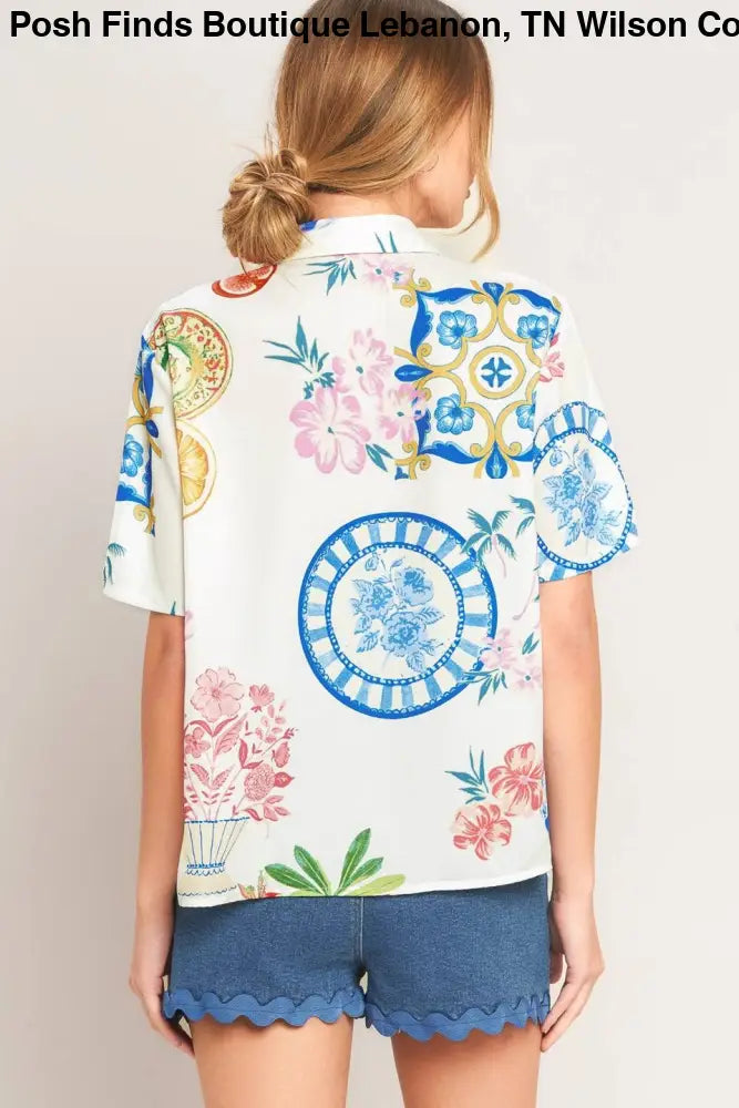 Off White Printed Woven Button Top - Top