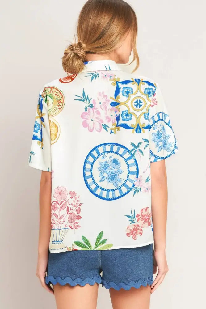 Off White Printed Woven Button Top - Top