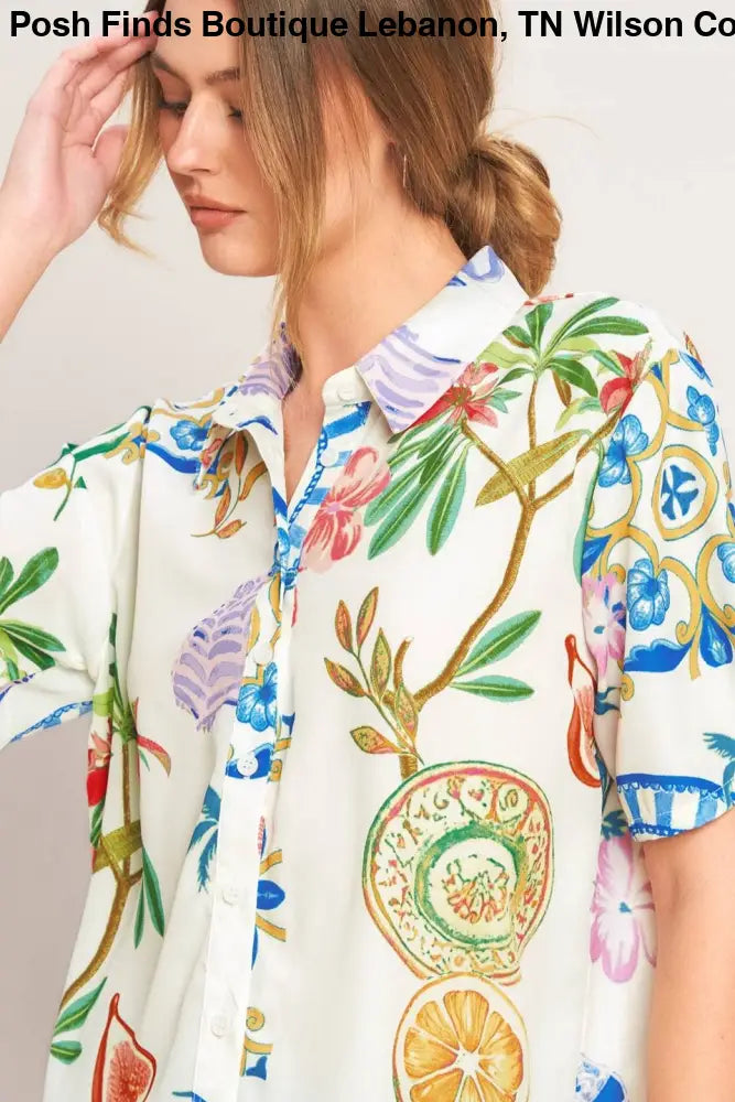 Off White Printed Woven Button Top - Top