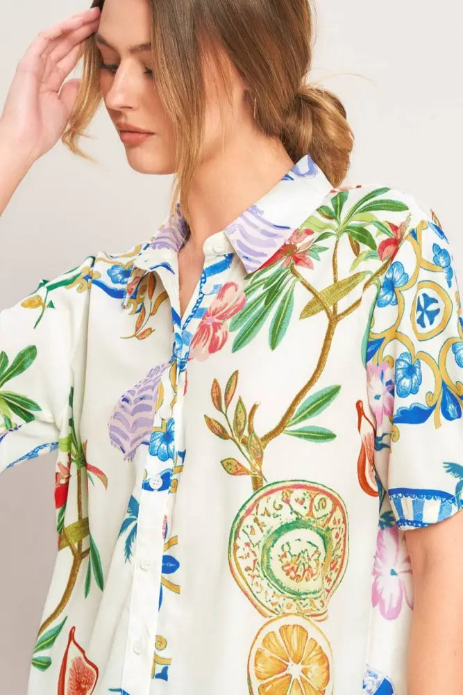 Off White Printed Woven Button Top - Top