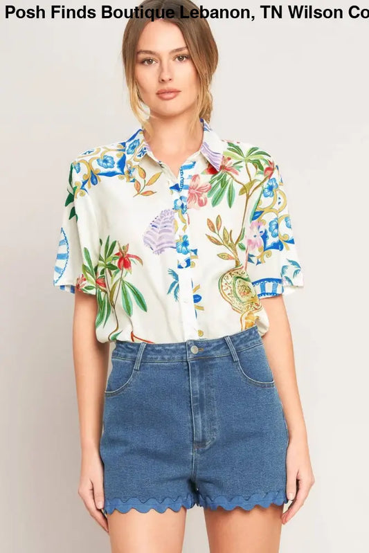 Off White Printed Woven Button Top - Top