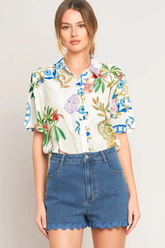Off White Printed Woven Button Top - Top