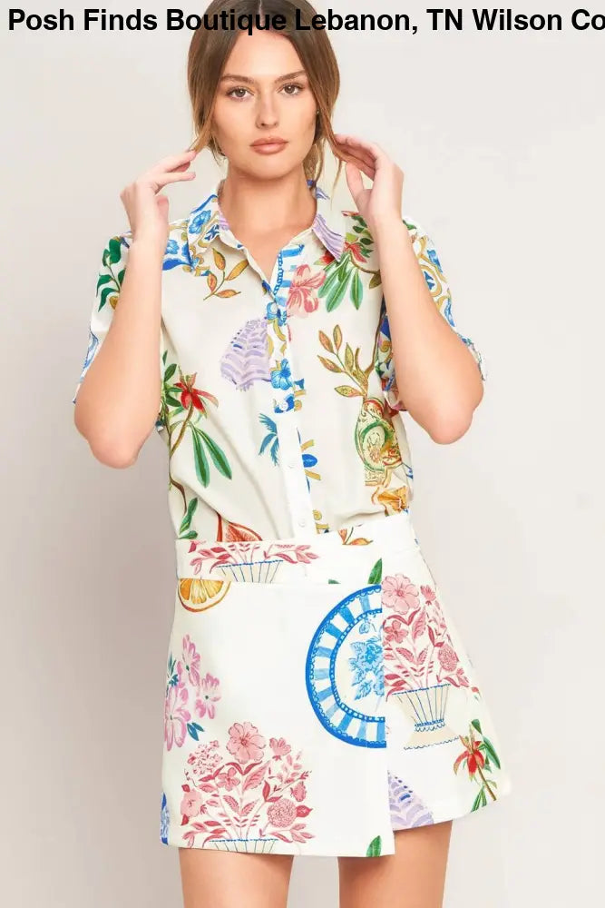 Off White Printed Woven Button Top - Top