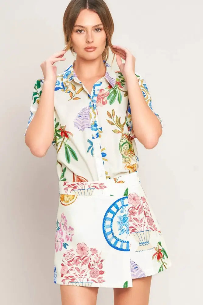 Off White Printed Woven Button Top - Top